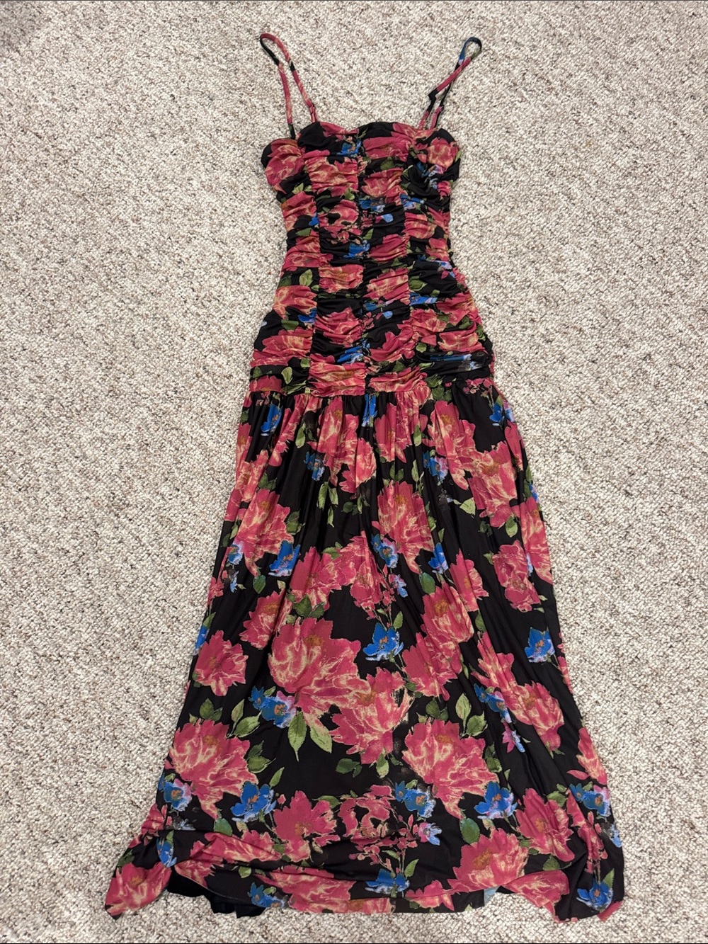 NWOT Flying Tomato Black Maxi Dress with Rose and Blue Floral Print